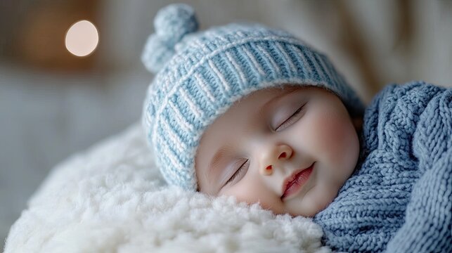 Adorable baby peacefully sleeping in cozy knitted hat and blanket, radiating pure innocence and tranquility, perfect for heartwarming holiday campaigns or gentle nursery decor