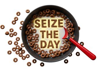 Inspiring Breakfast Bowl with Cereal Letters Spelling Seize the Day on a Dark Background Encouraging Motivation and Action