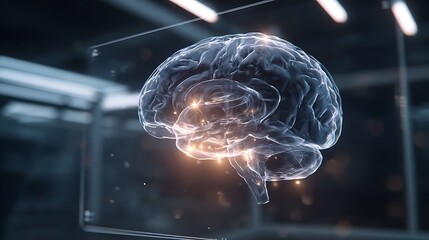 A clean, minimalist shot of a digital brain scan or X-ray displayed on a translucent screen, with subtle glowing accents, symbolizing medical diagnosis