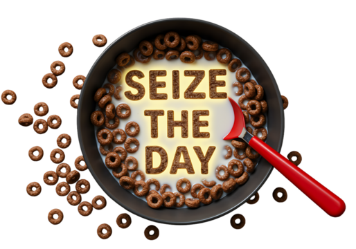 Inspiring Breakfast Bowl with Cereal Letters Spelling Seize the Day on a Dark Background Encouraging Motivation and Action - Powered by Adobe