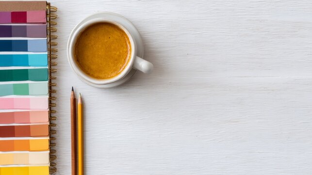 Creative workspace layout, vibrant color swatches, organized office supplies, planner and sketchbook in a minimalist setting, ideal for freelance artists and designers.