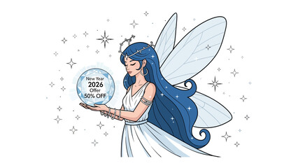 Celestial Offer: An ethereal fairy gracefully presents a luminous orb containing a special offer. Capturing the magical essence of a New Year's promotion. 