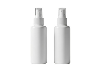 Two blank white plastic spray bottles for cosmetic hygiene product uses isolated on transparent background
