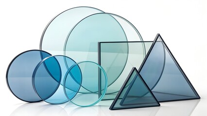 arious transparent geometric shapes, including circles, squares, and triangles, are arranged on a reflective white surface. The shapes are made of colored glass or acrylic, 
