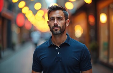 Obraz premium Man stands in city street at night. Blurred lights in background. He has short dark hair and beard. He wears dark blue polo shirt. Outdoors, urban scene, bokeh effect, shallow depth of field.