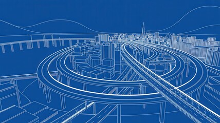 Blueprint city skyline with modern highway interchange for urban planning visuals, architectural design and transportation infrastructure projects