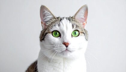 A domestic feline with bright green eyes and a neutral background