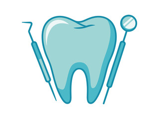 A large blue tooth is shown with dental instruments for examination.