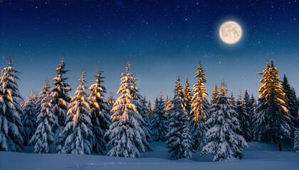 Fototapeta premium A tranquil winter night scene with snow-laden pine trees under a glowing full moon and a sky full of twinkling stars, evoking a magical and serene atmosphere
