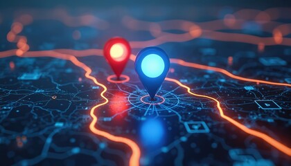 Digital map with glowing pins showing locations. Futuristic GPS interface displays routes and destinations. AI tech guides transport and delivery logistics.