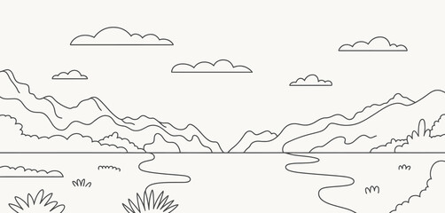 Minimalist line drawing of a mountain landscape with a river and clouds