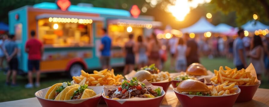 Food trucks serve tacos, burgers, fries at lively outdoor event. People gather at dusk, enjoying street food under colorful lights, warm sunset glow. Culinary gathering offers diverse flavors,