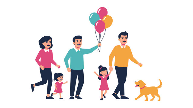Family Walk with Balloons: A family strolls together, cherishing their bond on a vibrant day, with a cheerful dog trotting alongside them. The image encapsulates togetherness.