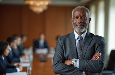 Mature African American man stands confidently in boardroom. He wears a dark suit and tie, arms crossed. Colleagues meet blurred in background. Pro leader focused on success.