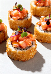 Gourmet crispy rice sushi topped with bright salmon tartare