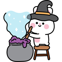 Cute White Bear Wearing Witch Hat Stirring Potion in Cauldron with Blue Magical Smoke on Transparent Background