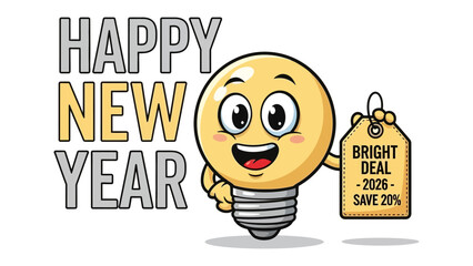 Happy New Year Bright Deal: A cartoon light bulb emoji with a happy face, offering a Bright Deal - 2026 - Save 20% tag, embodies the spirit of a fresh beginning and excitement for the year ahead.