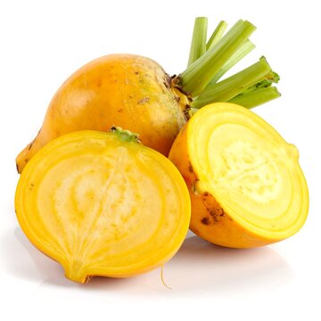 A golden beet, whole and halved, showing vibrant yellow flesh