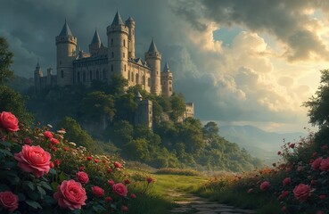 Fairytale castle on hill surrounded by green trees and pink roses. Dramatic sky with glowing clouds above lush valley. Stone path leads to majestic fortress.