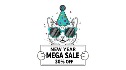 New Year Mega Sale: A cheerful cartoon cat, adorned with a party hat and sunglasses, playfully promotes the mega sale