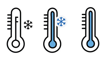 Set of Thermometer Icons Illustrating Cold Temperatures with Snowflake