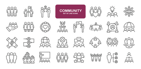 Set of line icons related to community, social, diversity, relationship. Outline icons collection