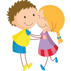 Close Up Of A Happy Young Boy Giving A Kiss To A Young Girl With Blonde Pigtails Wearing A Purple Dress And Pink Stripes With A Yellow Shirt And Blue Shorts On A Transparent Background