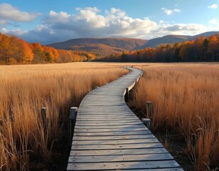 Wooden boardwalk curves through tall golden dry grass towards distant autumn hills. Blue sky above with white clouds. Trees show orange and yellow fall foliage. Path invites exploration.