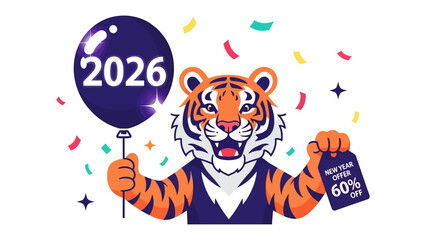 Tiger 2026: An illustrated tiger joyfully heralds the arrival of the year 2026, holding a balloon and a sign announcing New Year offers. Vibrant confetti and stars complete the celebratory design.