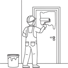 Line Art Illustration of a Professional Painter Renovating a Door with a Roller and Paint Can