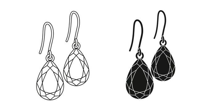 Black and white illustration of a pair of elegant teardrop earrings