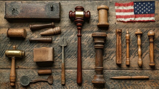 Justice and law symbols including gavels, scales, and aged American flag arranged on rustic wooden background, representing legal authority and tradition.