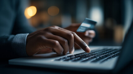 Person using laptop and credit card for online payment at night
