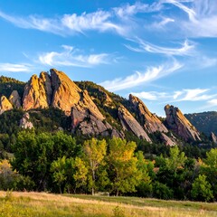 Obraz premium Stunning vista of jagged rocky peaks illuminated by sunlight, lush green trees and a wispy cloud-filled sky