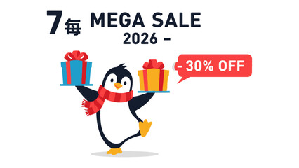Mega Sale: Penguin presents Gift Box - Celebrating Savings! A charming penguin offers gift boxes with -30% OFF, embracing savings. Perfect for marketing, promotions, advertising