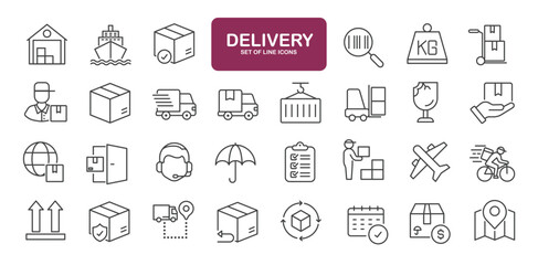 Set of line icons related to user delivery, shipping, cargo, warehouse. Outline icons collection