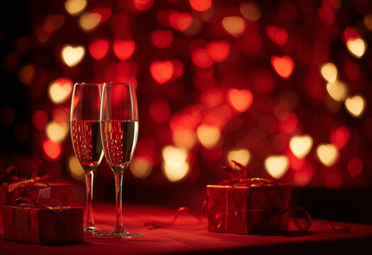 Valentine romance champagne glasses bokeh red heart gift