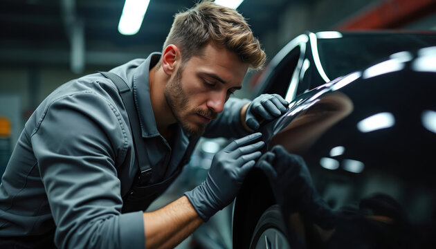 Man in grey uniform and black gloves carefully applies protective vinyl film to a shiny black car in a well lit workshop. The auto detailing process ensures a flawless finish.