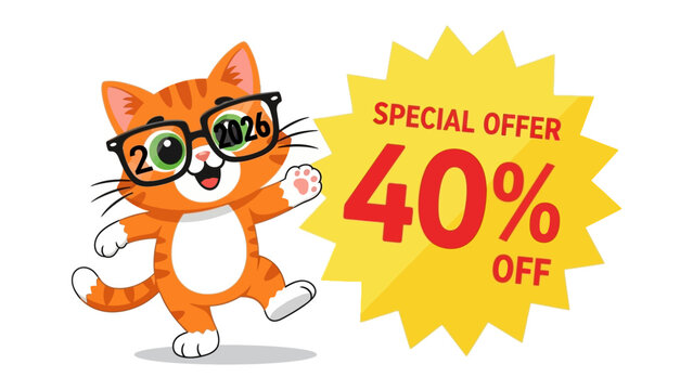 Clever Cat's Special Offer: An endearing cartoon cat, playfully sporting glasses, heralds a vibrant Special Offer with a tempting 40% OFF deal, creating a lively atmosphere.