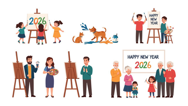 New Year Celebration in Artwork: Diverse scenes of the new year celebration, capturing a variety of people including families, and pets creating vibrant illustrations and joyful moments.