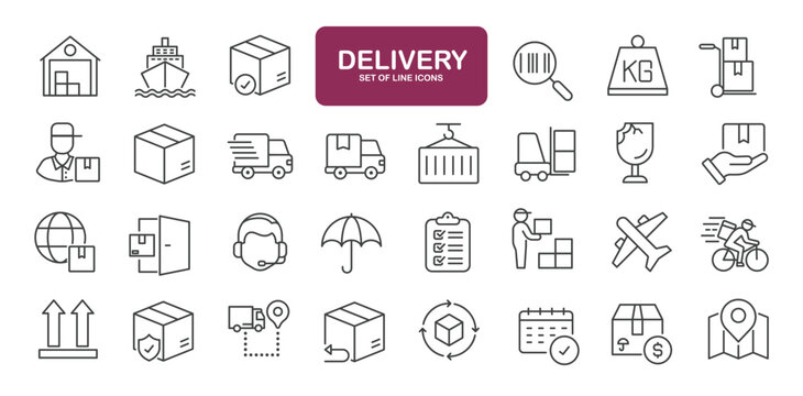 Set of line icons related to user delivery, shipping, cargo, warehouse. Outline icons collection