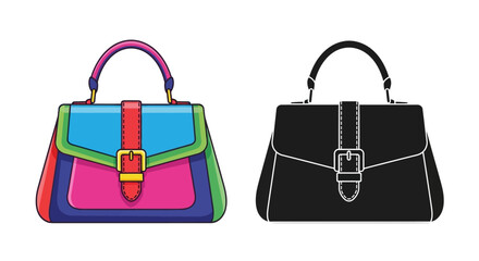 Colorful and monochrome handbags presented in a flat illustrative style