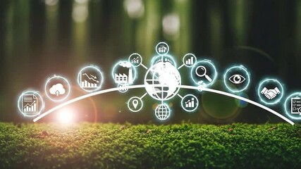 Global network of digital icons representing business, finance, and technology concepts over a natural green background - Powered by Adobe