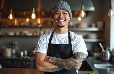 Young asian chef with tattoos smiles in restaurant kitchen wearing beanie and apron. He stands with arms crossed ready for work. His professional kitchen has shelves and lights.