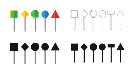 A collection of various colorful and monochrome road signs displayed in rows