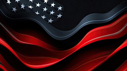 Dynamic abstract flowing waves of red and black with subtle metallic US flag stars evoking patriotic spirit and modern design for impactful presentations