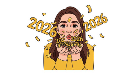 New Year's Wish: A young woman joyfully blows golden confetti towards the viewer, the numerals 2026 emblazoned on her face, and surrounding her in a vibrant celebration of the year ahead.