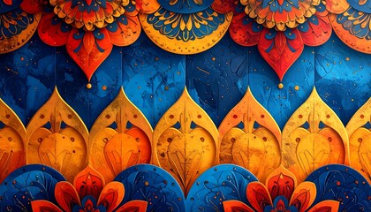 Symmetrical design featuring stylized floral patterns in vibrant orange, yellow, and blue hues over a textured surface