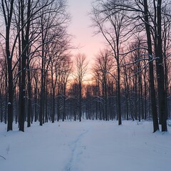 Winter wonderland with pink sky and fresh snowfall