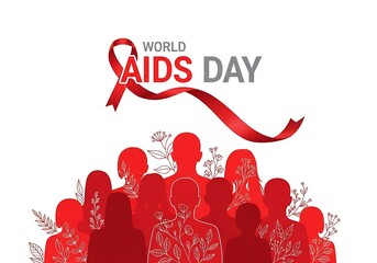 World aids day banner with red ribbon and people